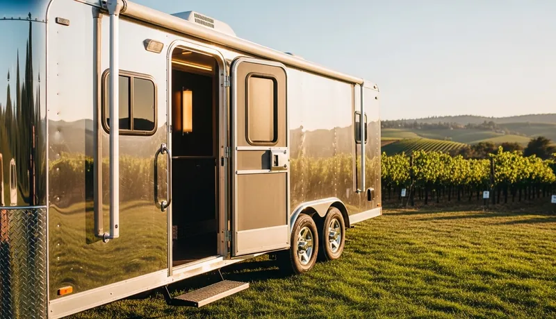Elegant wedding setting with restroom trailer